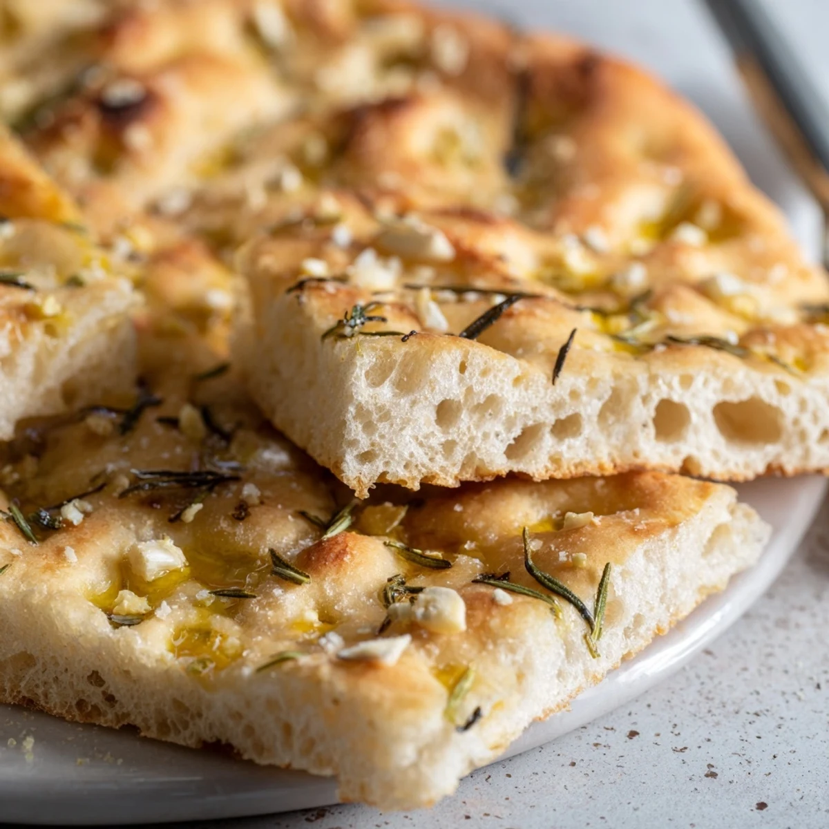 Close-up of freshly baked Garlic Herb Focaccia Bread, displaying a crispy crust and herb-infused texture.