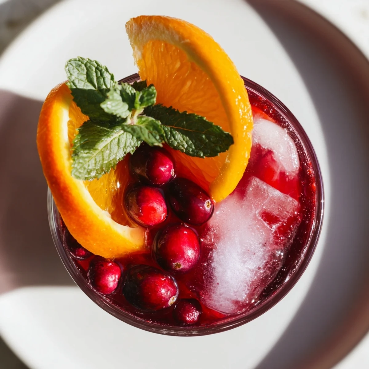 A tall glass of Cranberry Fresh mocktail, garnished with fresh cranberries and a slice of orange.