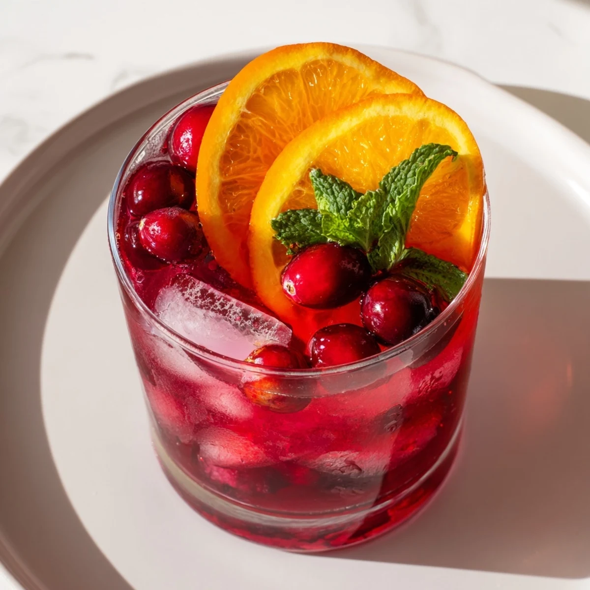 The beautiful deep red Cranberry Fresh mocktail is a perfect blend of tart cranberry and citrusy flavors.