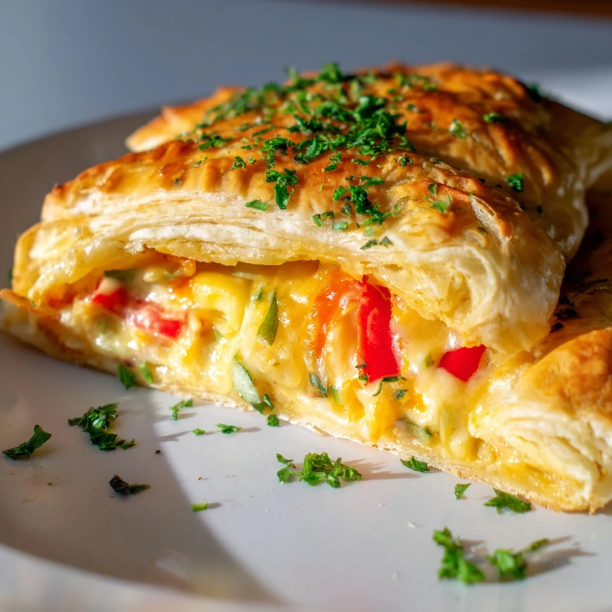 Golden, flaky Savory Bites, baked until puffed, with a flavorful cheese and vegetable filling, ready to serve.