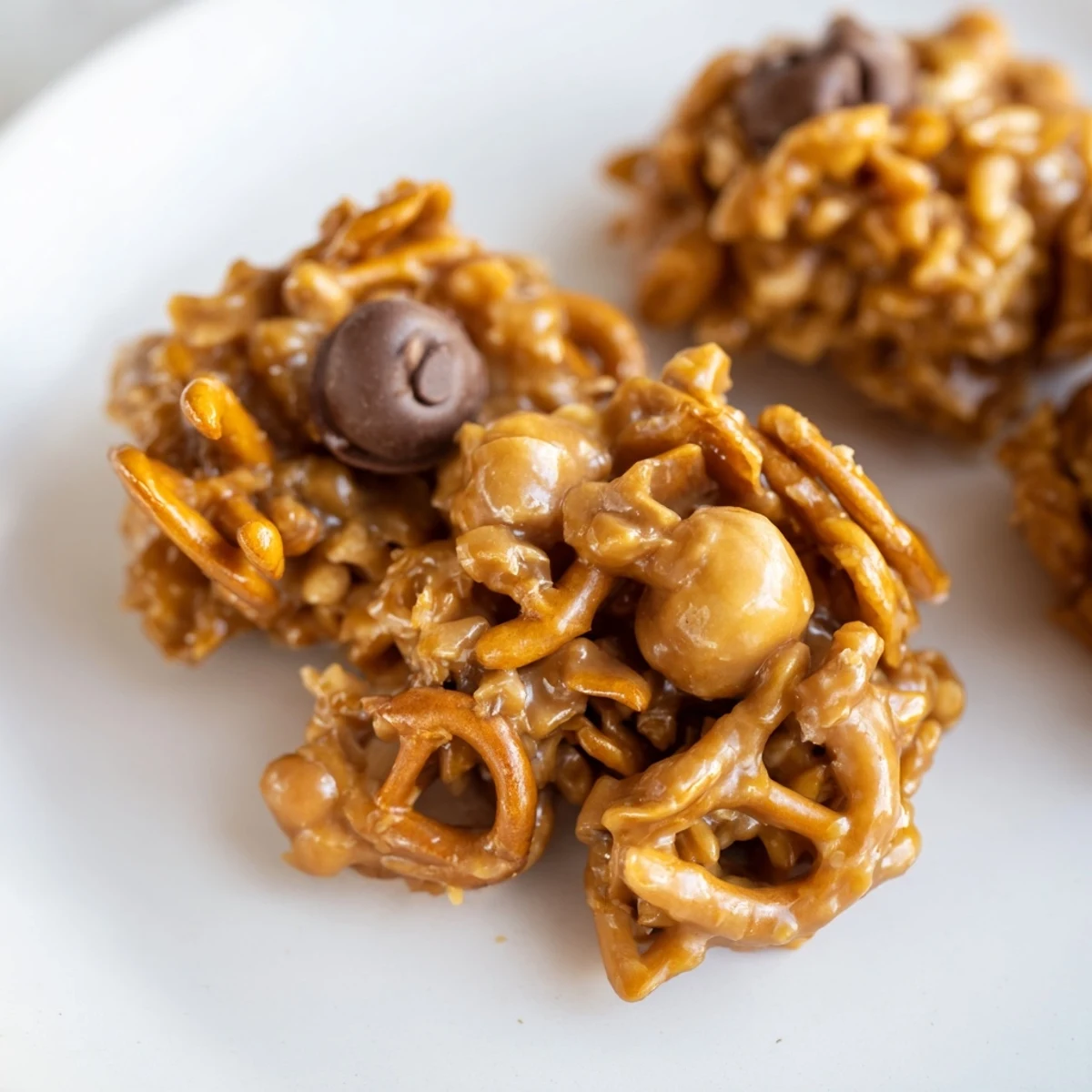 A close-up of sweet and salty Crispy Crunch, revealing crunchy clusters with chocolate chips.