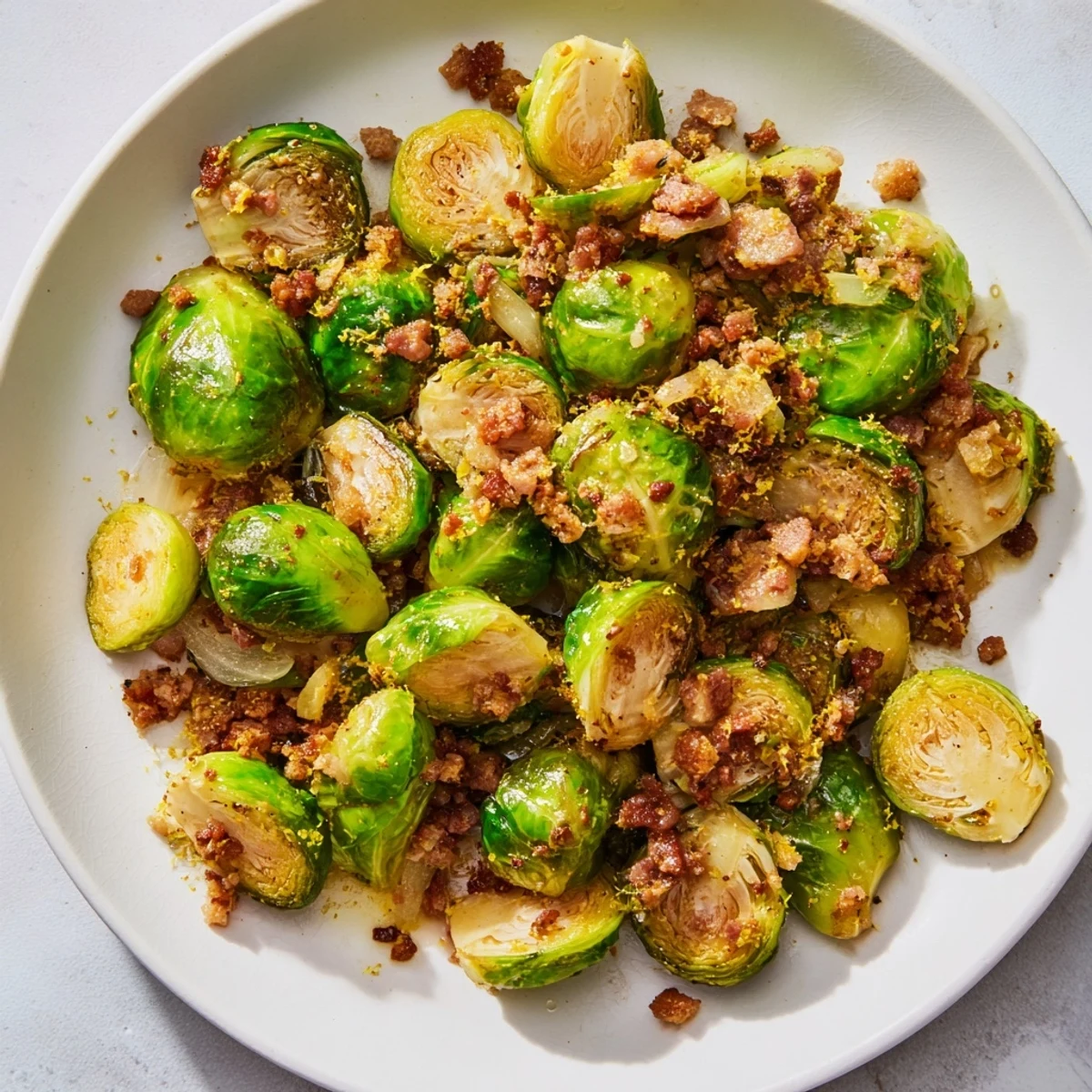 Golden-brown roasted Brussels sprouts and crispy beef bacon create a flavorful side.