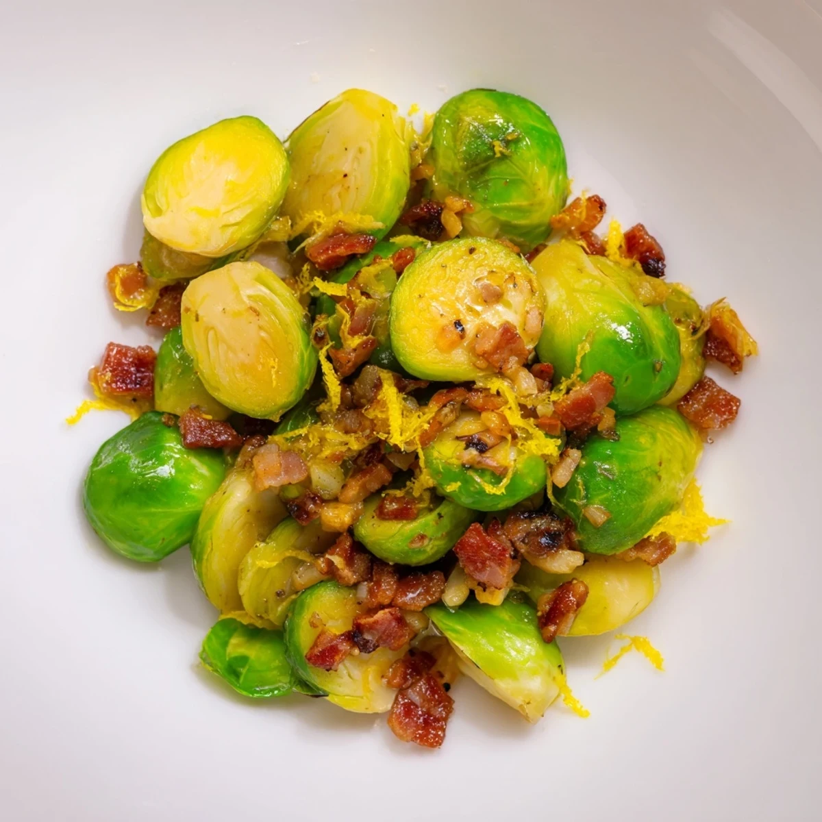 Vibrant plate of roasted Brussels sprouts, with crispy beef bacon, perfect side dish.
