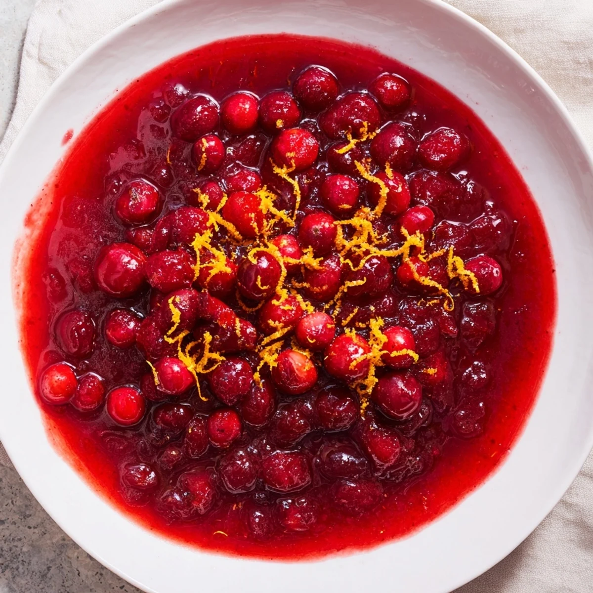 Bright red Cranberry Sauce with Orange Zest, with glistening hints of orange, ready to be served.