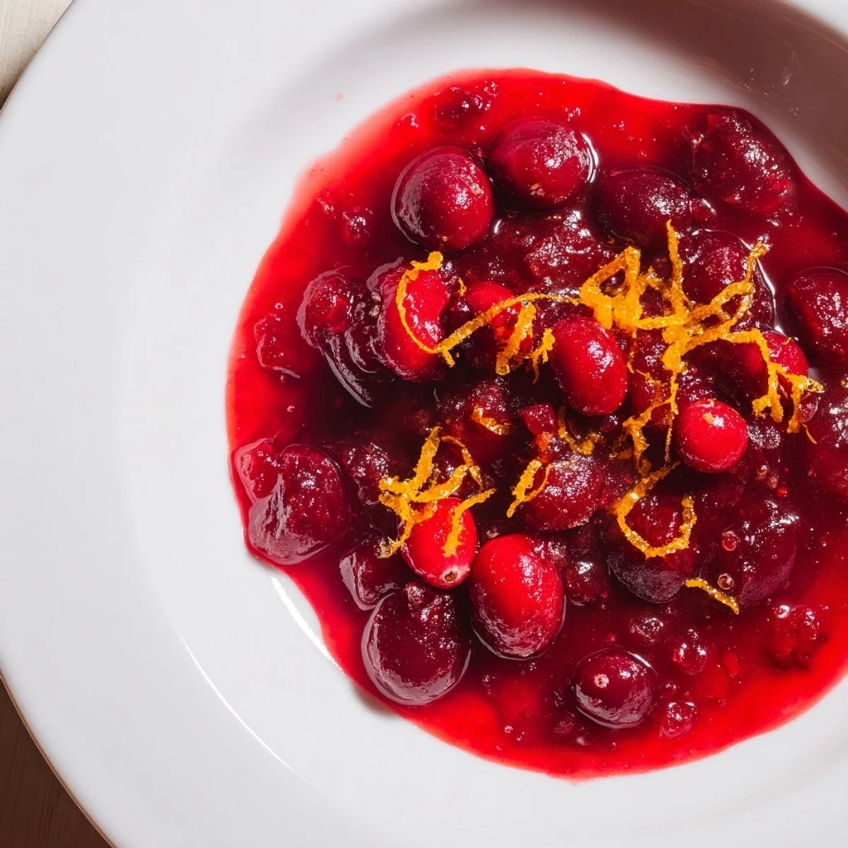 Thick, homemade Cranberry Sauce with Orange Zest, perfect for topping a Thanksgiving turkey dinner.