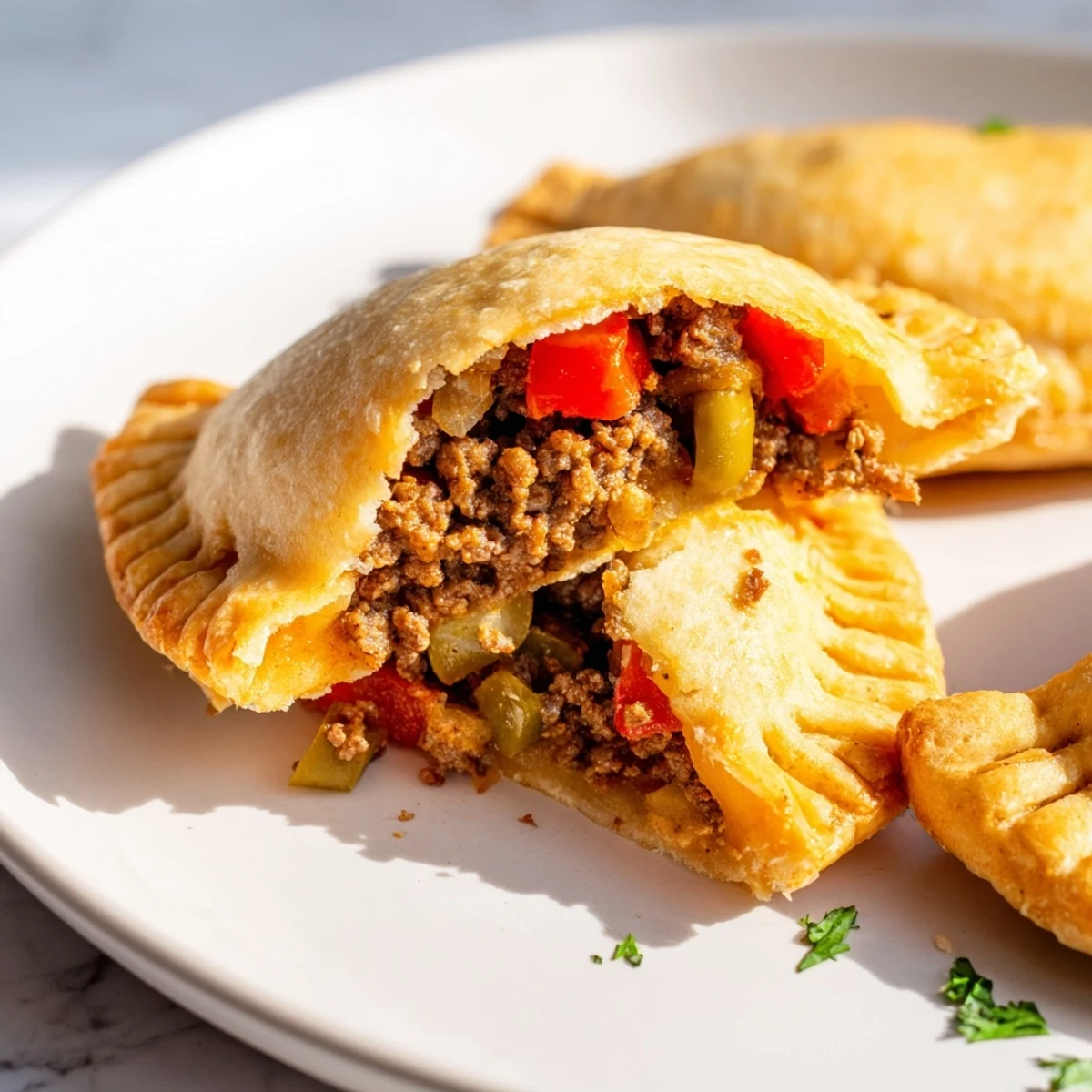 Golden-brown Spiced Beef Empanadas, crispy pastries with a savory, flavorful meat filling, ready to eat.