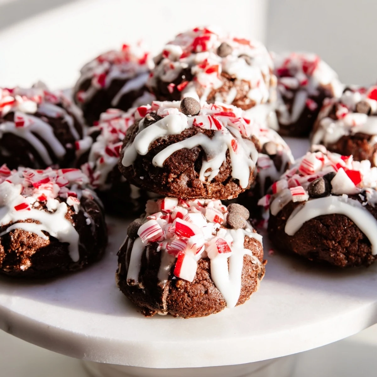 Fudgy Peppermint Brownie Bites, drizzled with peppermint glaze and crushed candy canes, a holiday dessert.