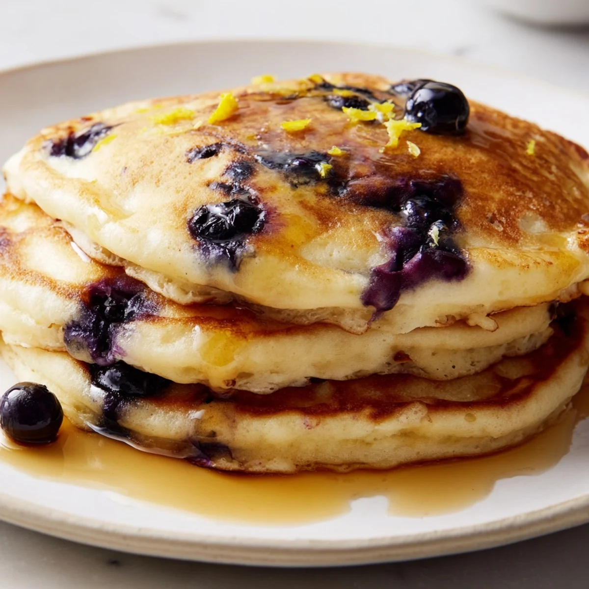 Golden-brown Lemon Blueberry Pancakes, fluffy and light, topped with fresh blueberries and syrup.
