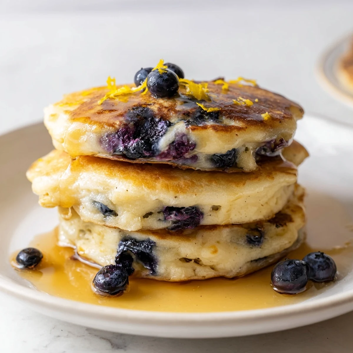 A stack of delicious Lemon Blueberry Pancakes, bursting with juicy blueberries and bright lemon flavor.