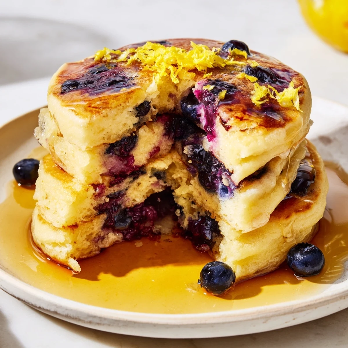 Perfect brunch: steaming Lemon Blueberry Pancakes, served with fresh blueberries and a drizzle of maple syrup.