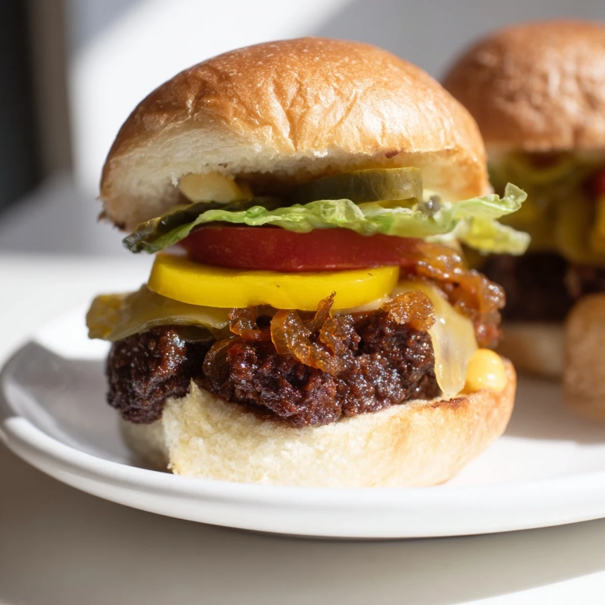 Close-up of freshly grilled Beef Sliders, layered with rich toppings and ready to serve.