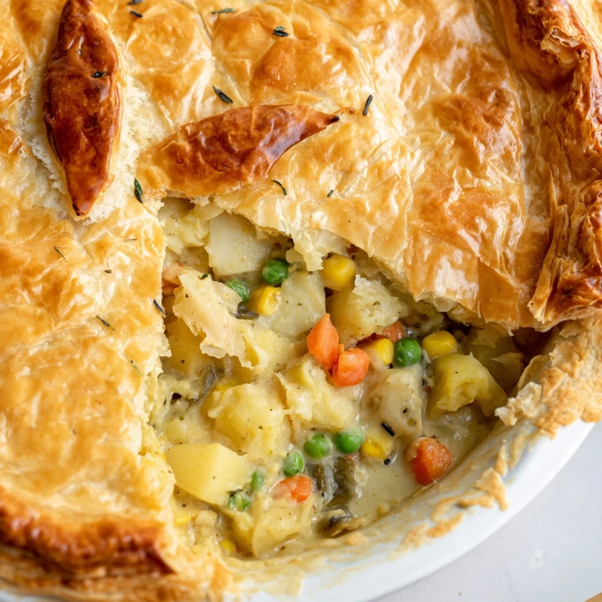 Golden, flaky crust atop a bubbling Savory Vegetable Pot Pie, filled with colorful, tender vegetables.