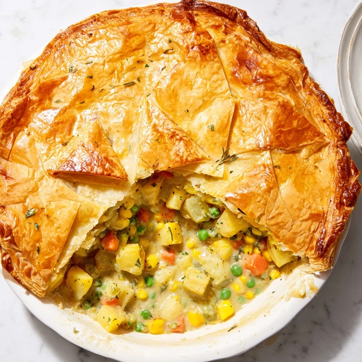 Steaming Savory Vegetable Pot Pie with a rich, creamy sauce, enticing aroma, ready for a hearty meal.