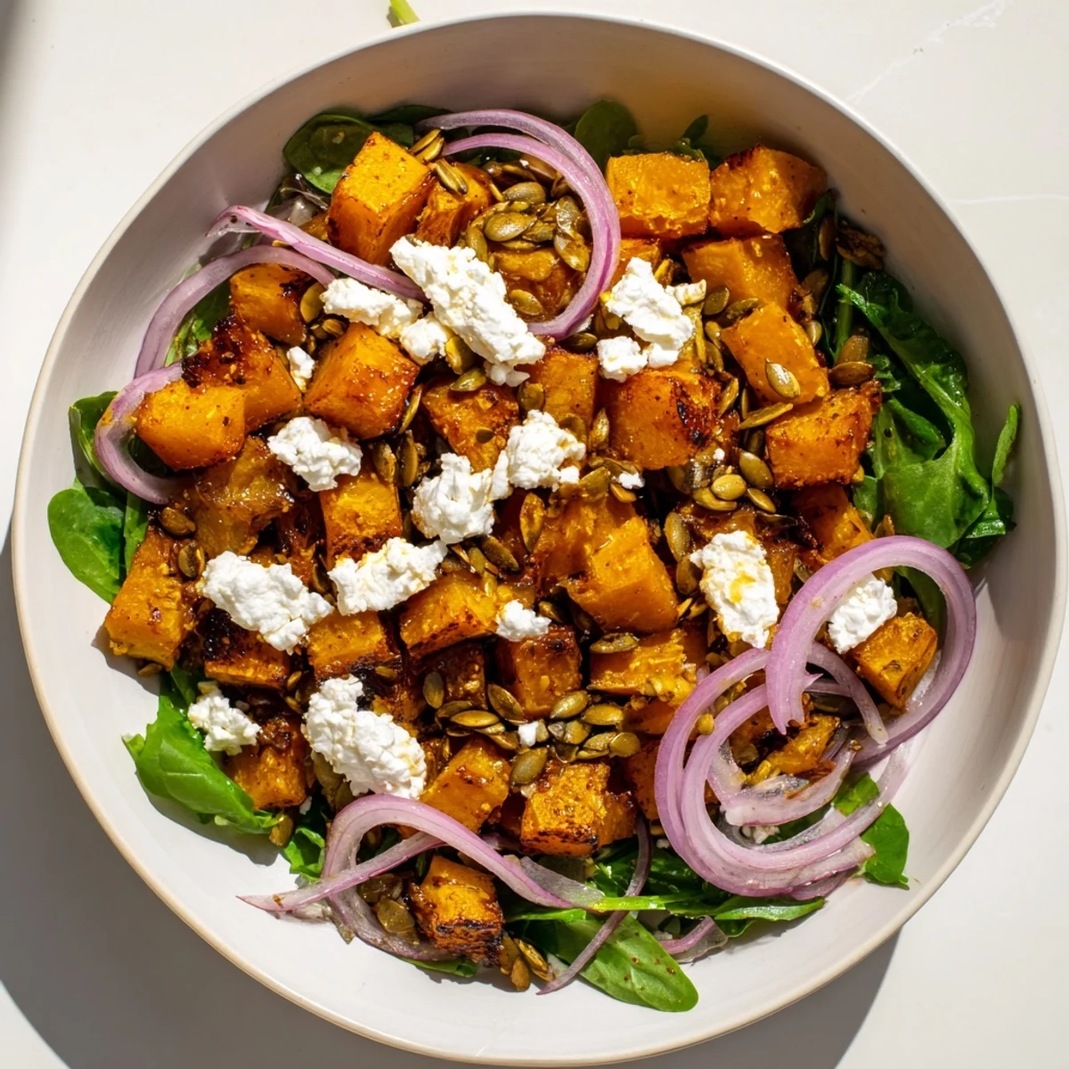 Golden roasted butternut squash salad with feta, drizzled with a balsamic vinaigrette, ready to serve.