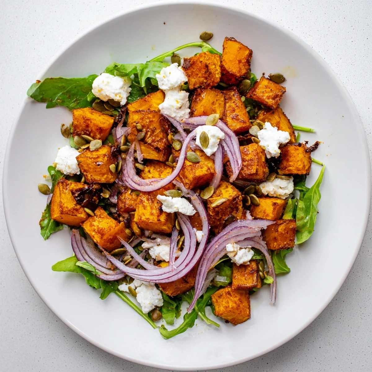 Colorful Roasted Butternut Squash Salad with crumbled feta, offering a delightful mix of flavors and textures.