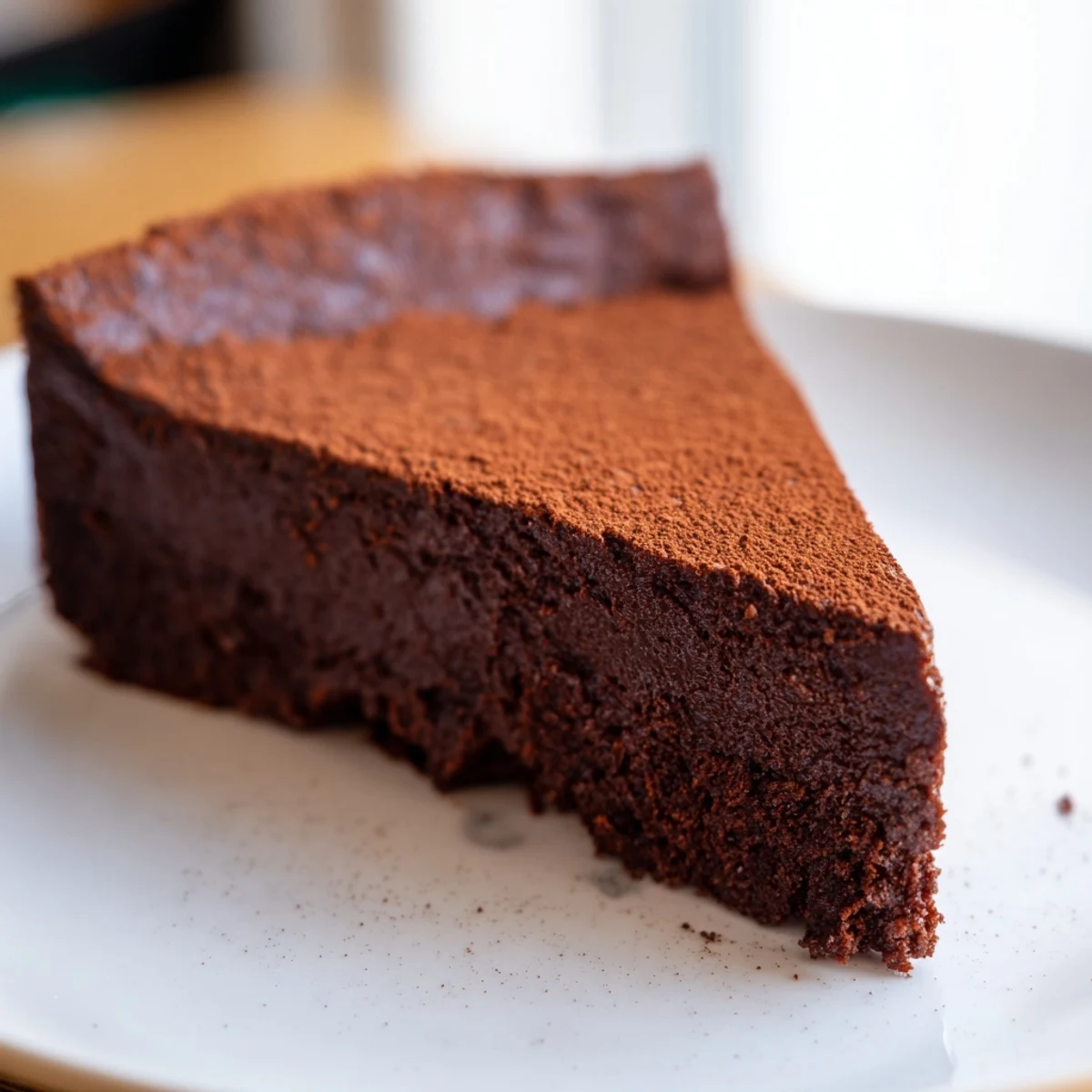 Moist slice of decadent flourless chocolate cake, dusted with cocoa for a rich, satisfying dessert.
