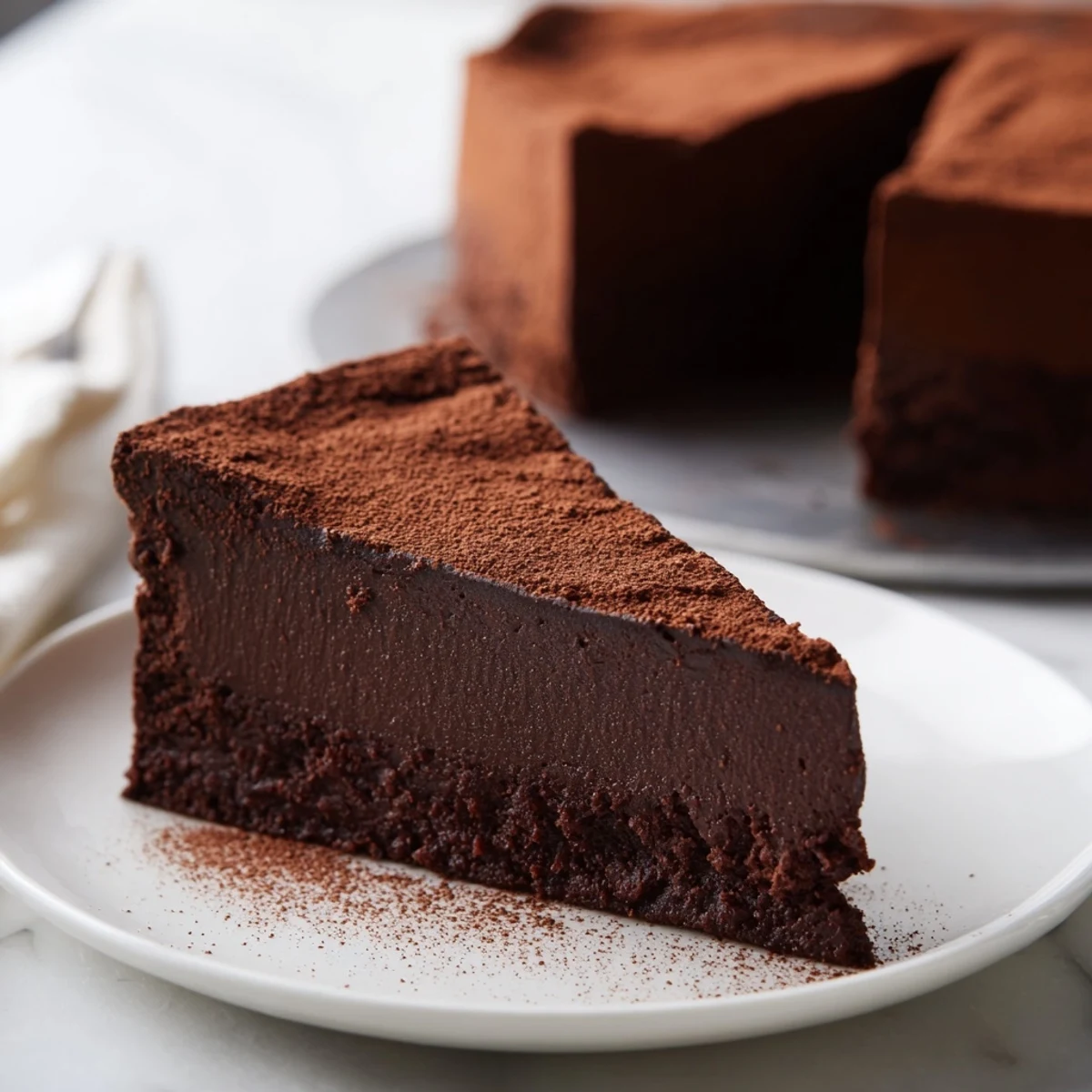 This flourless chocolate cake showcases a perfectly smooth texture, irresistible for any occasion or craving.