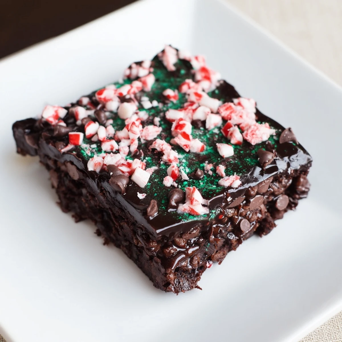 A close-up of rich, decadent Peppermint Mocha Fudge Brownies, ideal for a holiday dessert spread.
