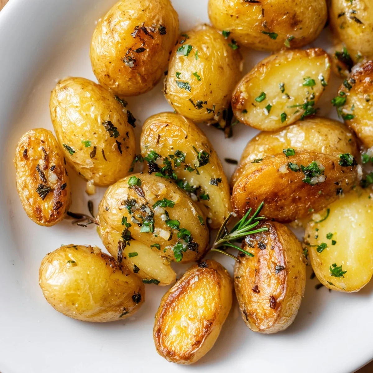 Golden brown Garlic Herb Roasted Baby Potatoes with crispy edges and fresh parsley garnish.