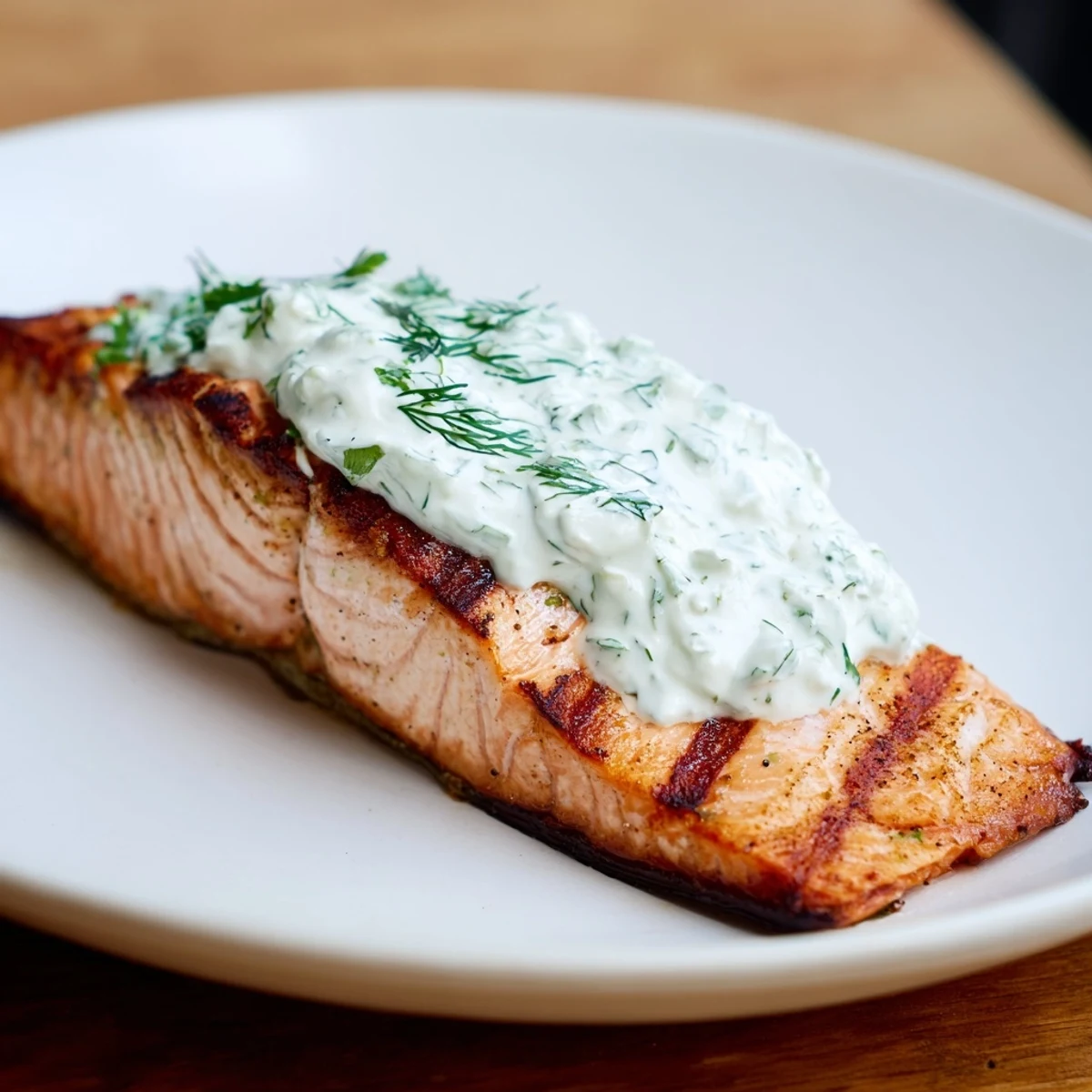 Juicy grilled salmon glistening on the plate, paired with vibrant, homemade dill yogurt sauce.