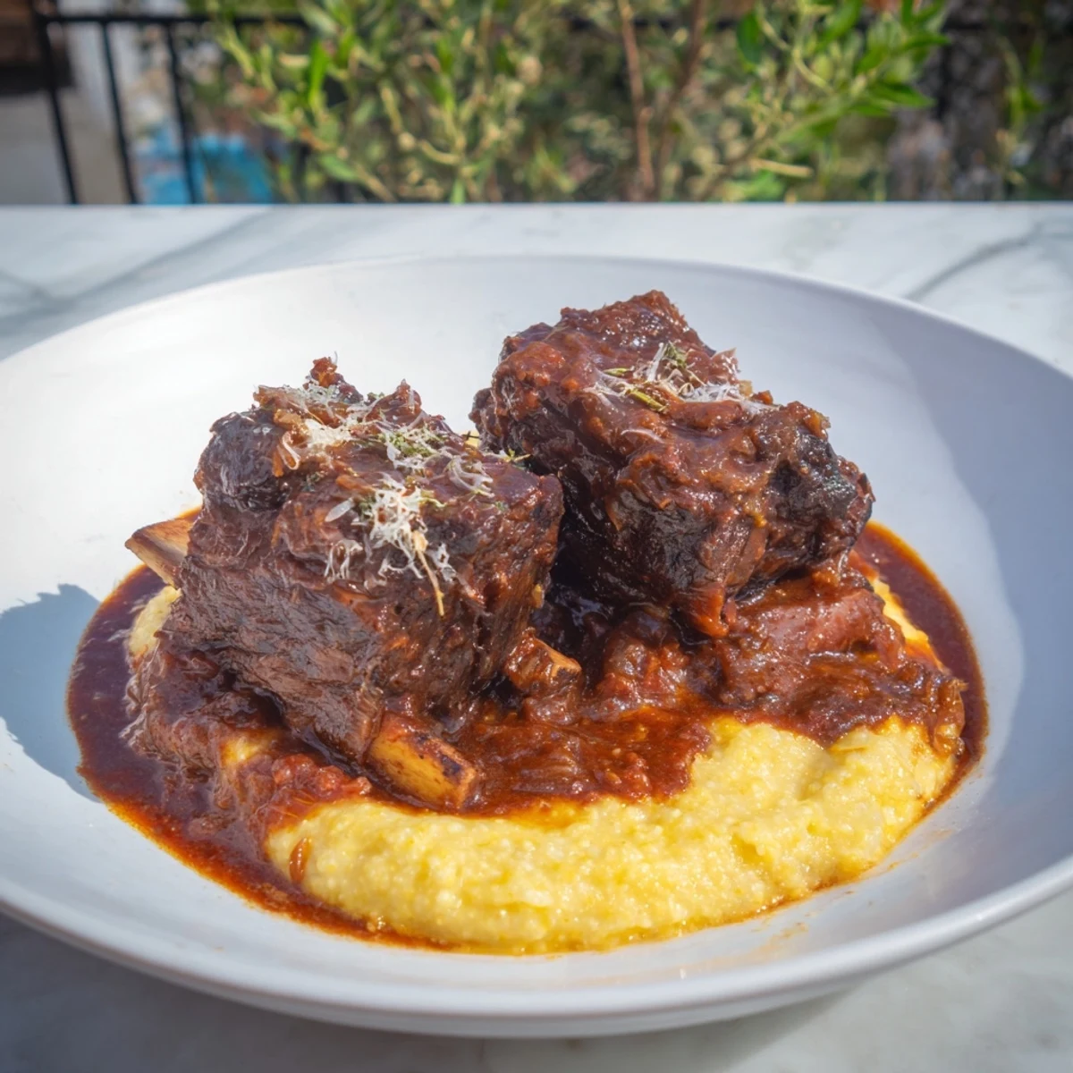 Tender braised beef short ribs glistening with a rich red wine sauce over creamy polenta.