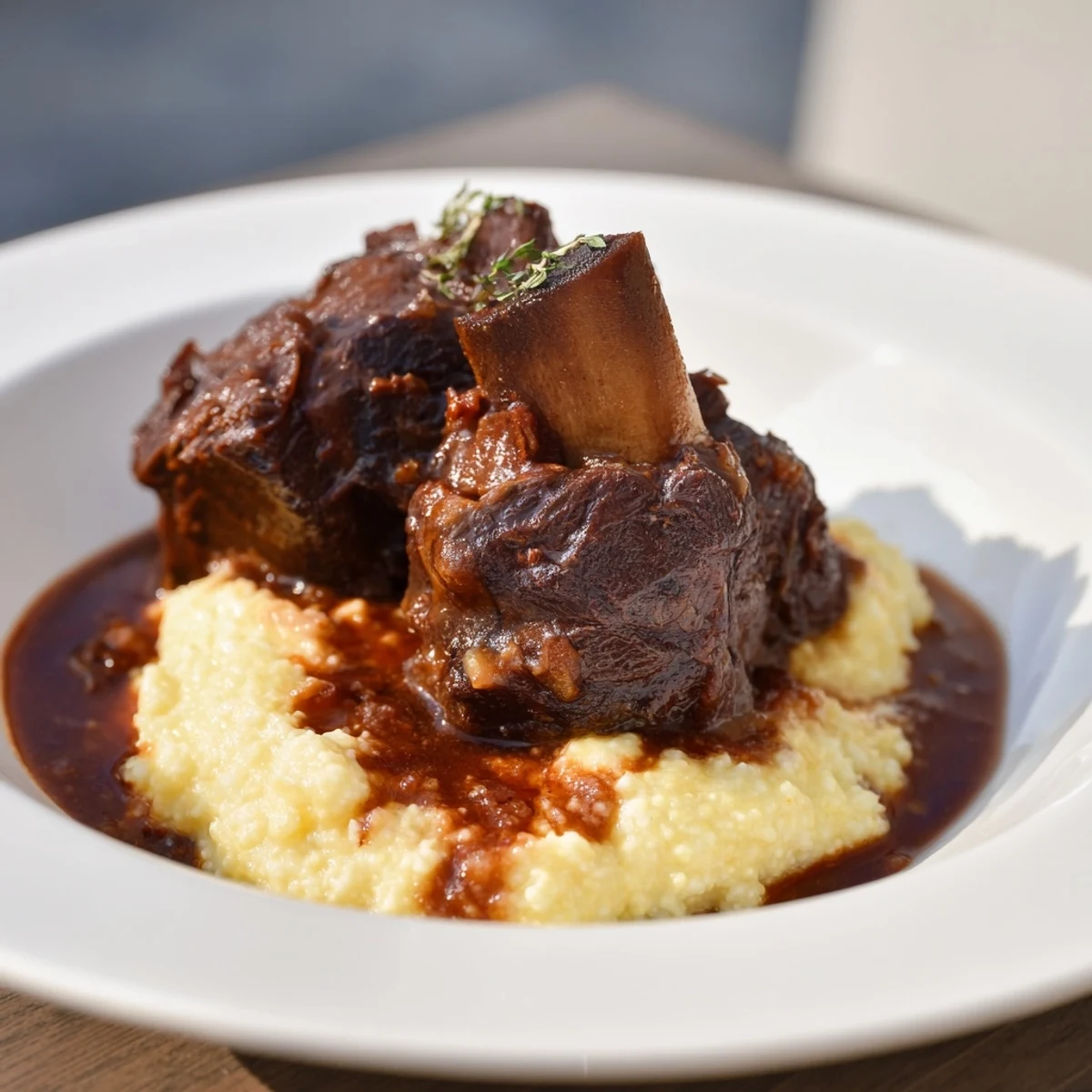 Forkful of braised beef short ribs with the creamy polenta, capturing a comforting meal.