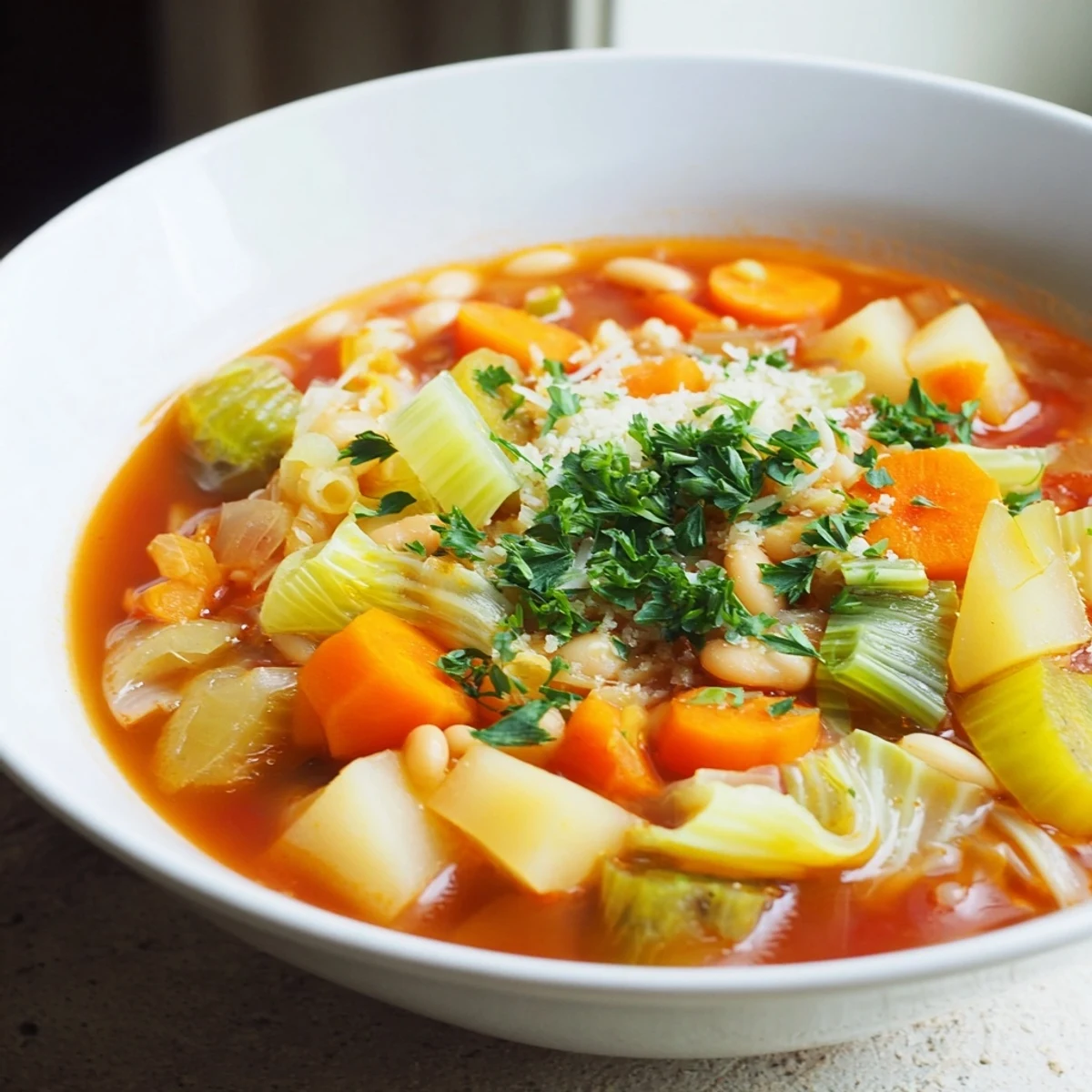 A steaming bowl of Winter Vegetable Minestrone Soup, garnished with fresh parsley and Parmesan.