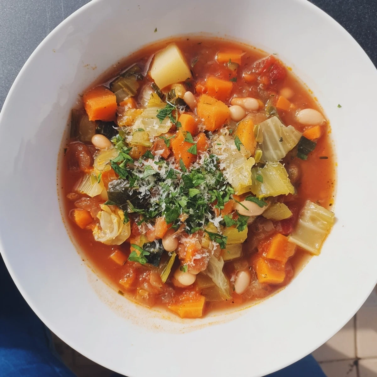 Close-up of a rustic, flavorful Winter Vegetable Minestrone Soup ready to be enjoyed on a cold evening.