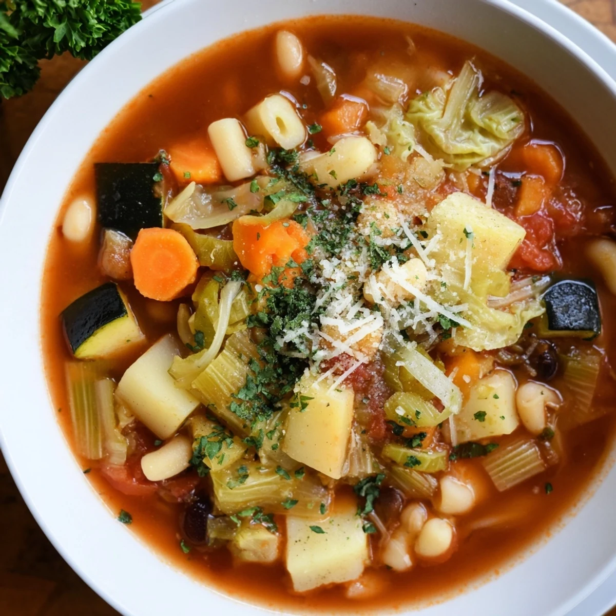 Hearty Italian Winter Vegetable Minestrone Soup offering a comforting taste with tender vegetables and pasta.