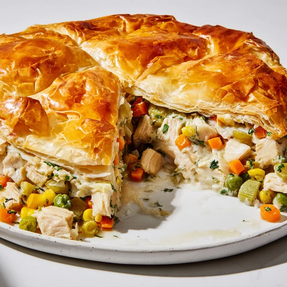 A close-up of a bubbling Chicken and Vegetable Pot Pie, filled with tender chicken and veggies under pastry.