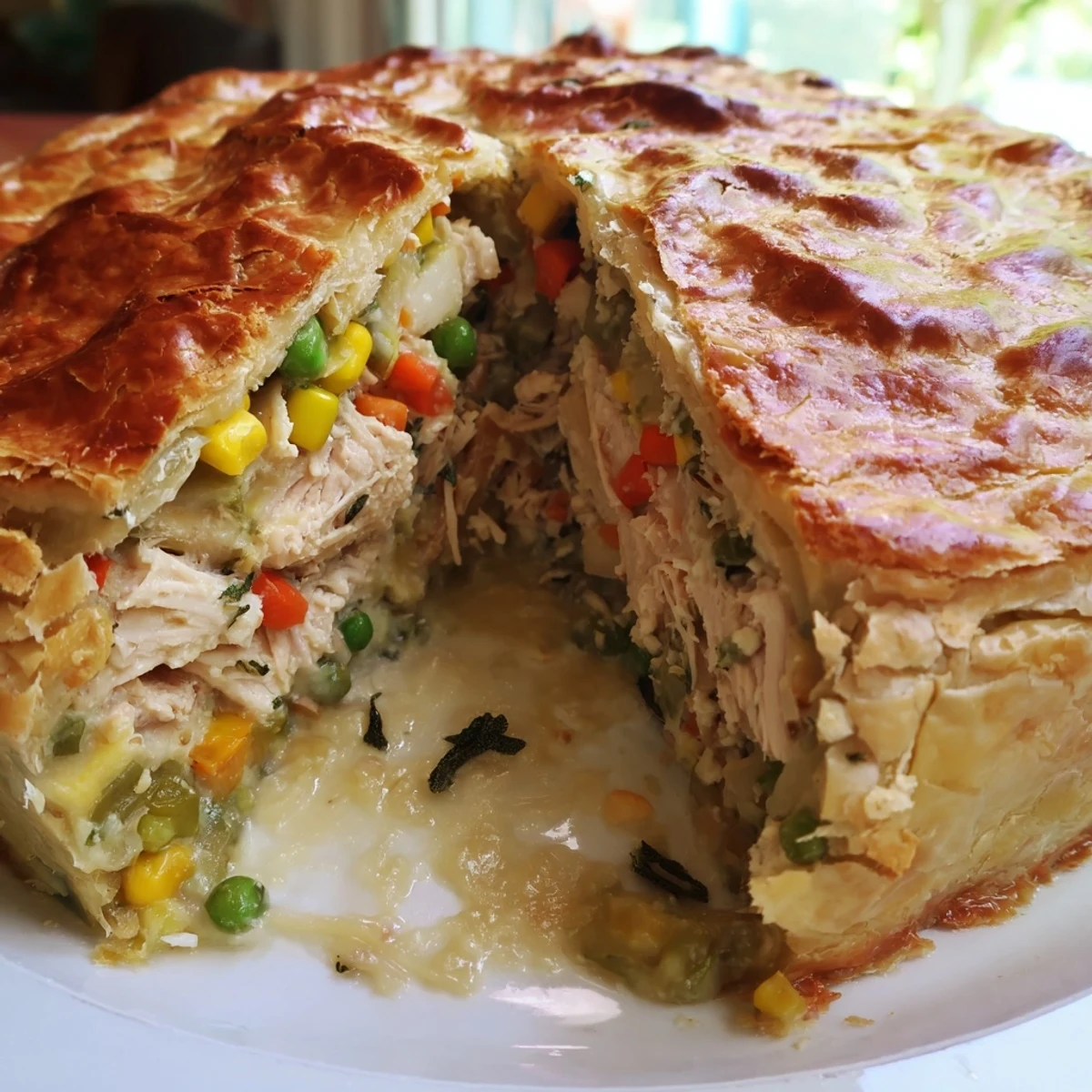Steaming hot, this home-baked Chicken and Vegetable Pot Pie boasts a delicious, flaky pastry topping.