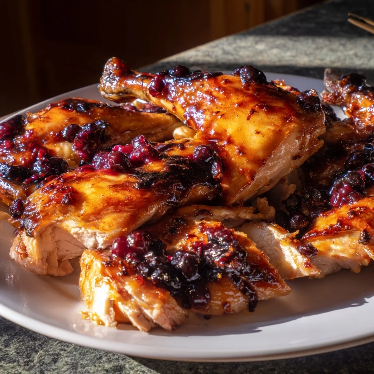 Shiny cranberry orange glazed turkey breast, wonderfully aromatic and ready for slicing and enjoying.
