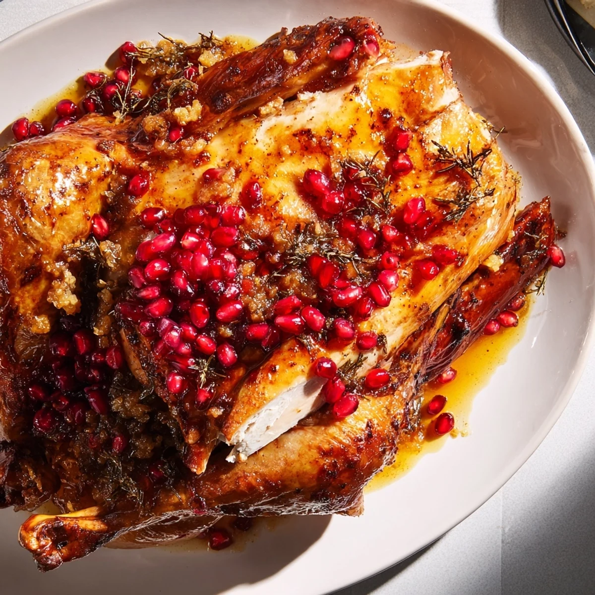 Golden-brown cranberry orange glazed turkey breast, juicy looking, and perfect for a holiday feast or family meal.