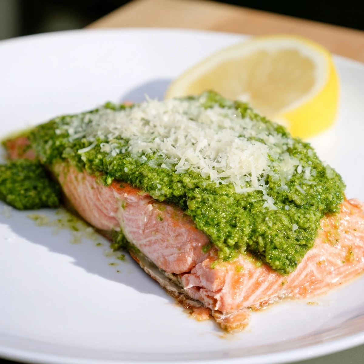 Delicious Baked Salmon with Pesto served with lemon wedges, ready for a Mediterranean meal.