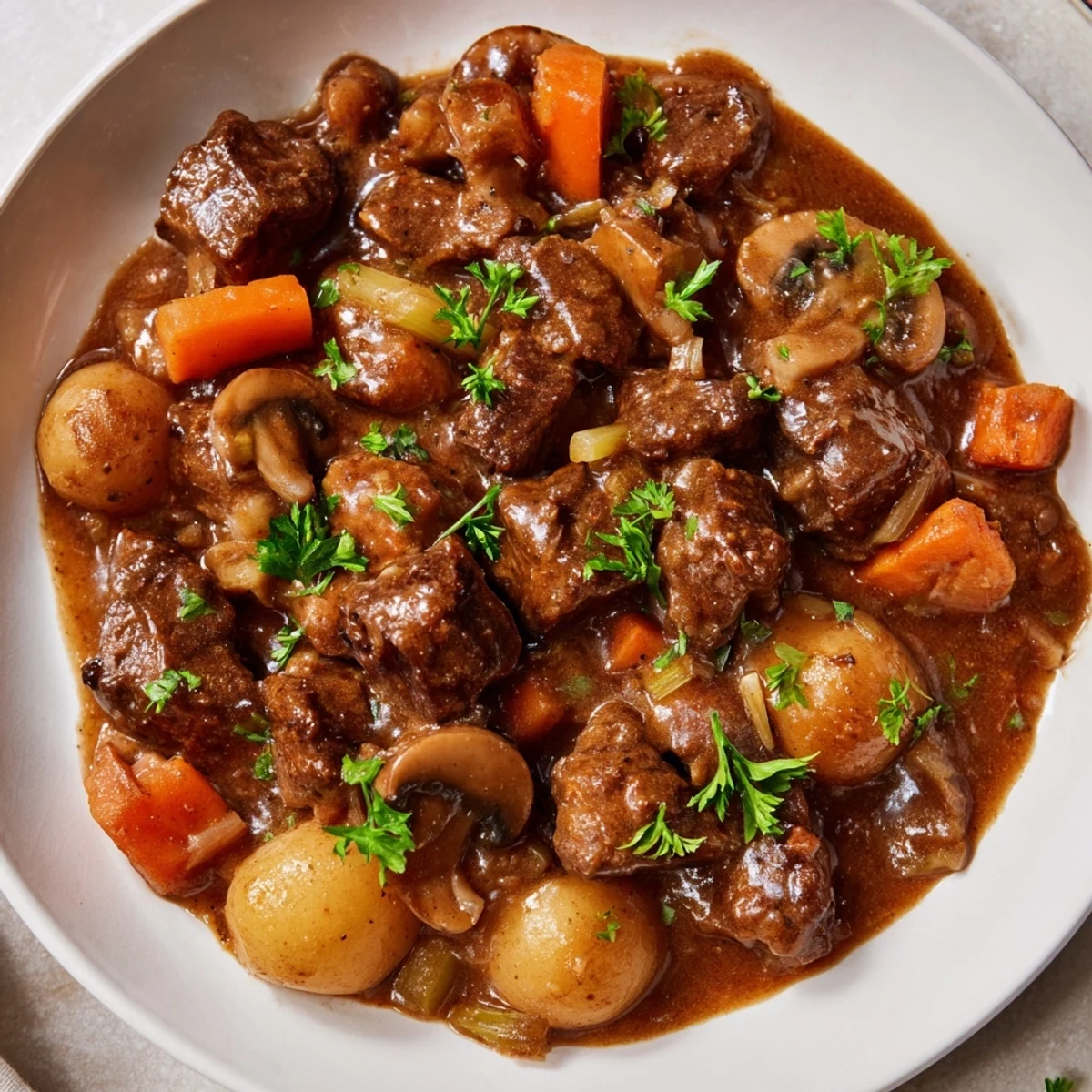 Tender beef and root vegetables simmer in a rich, dark sauce for this Beef and Guinness-Style Stew.