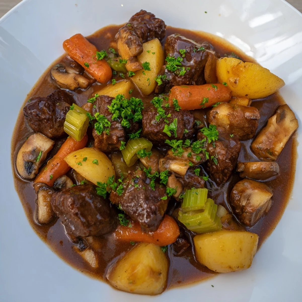 A steaming bowl of Beef and Guinness-Style Stew with a thick, flavorful gravy and hearty chunks.