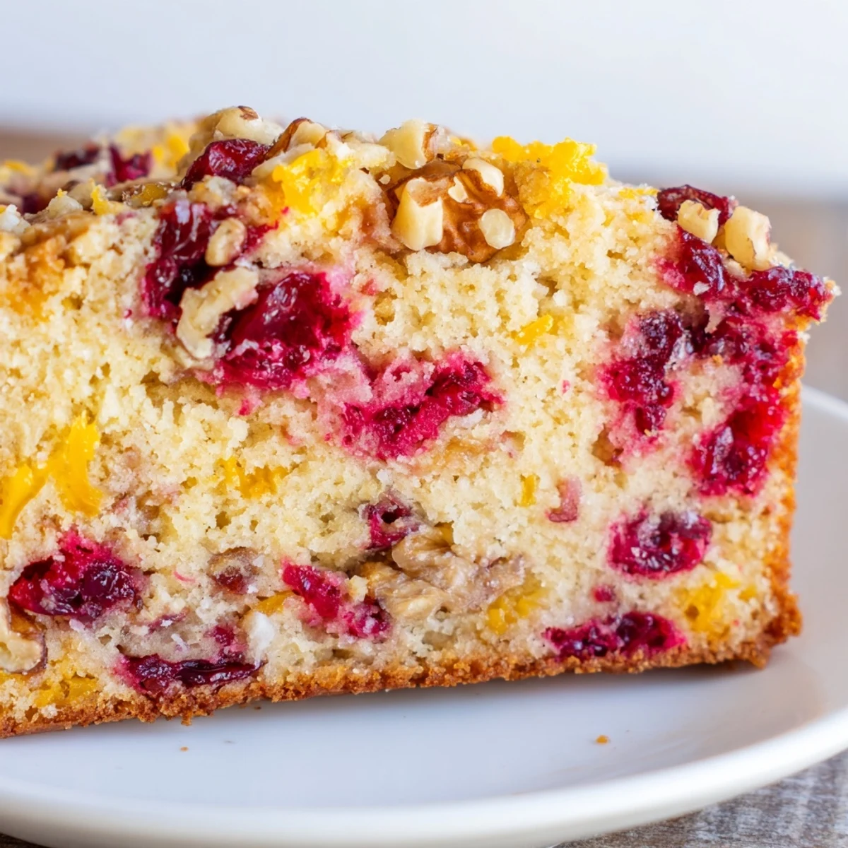 A freshly baked Cranberry Orange Bread loaf, studded with cranberries and ready to be enjoyed.
