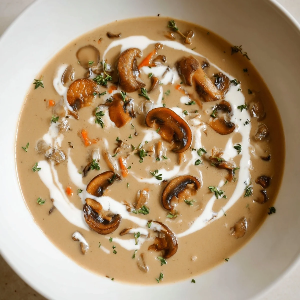 Close-up of golden Creamy Mushroom Soup, with visible mushrooms and fresh thyme, ready to serve.