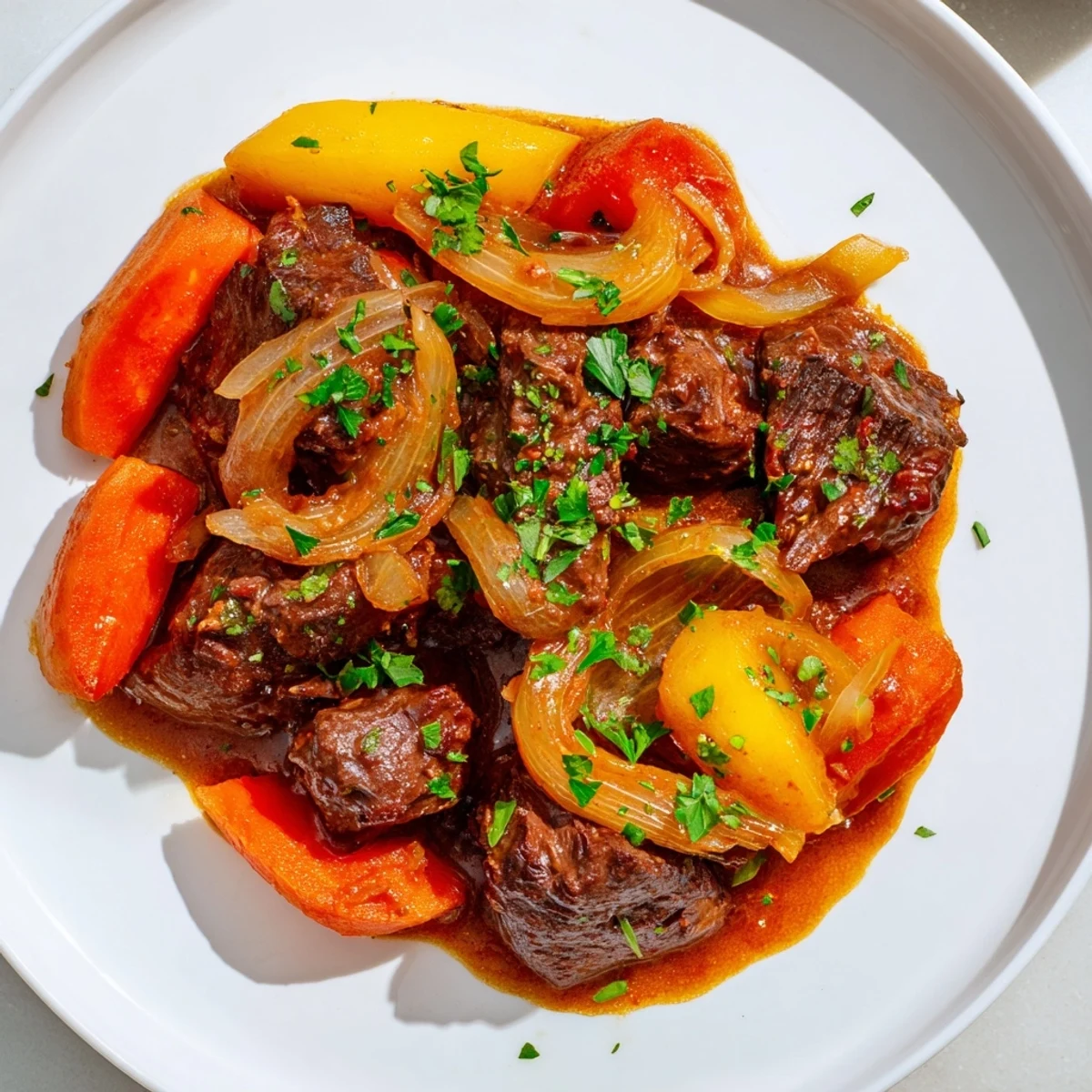 Tender Braised Beef with Onions, glistening in a rich, savory sauce, ready for your plate.
