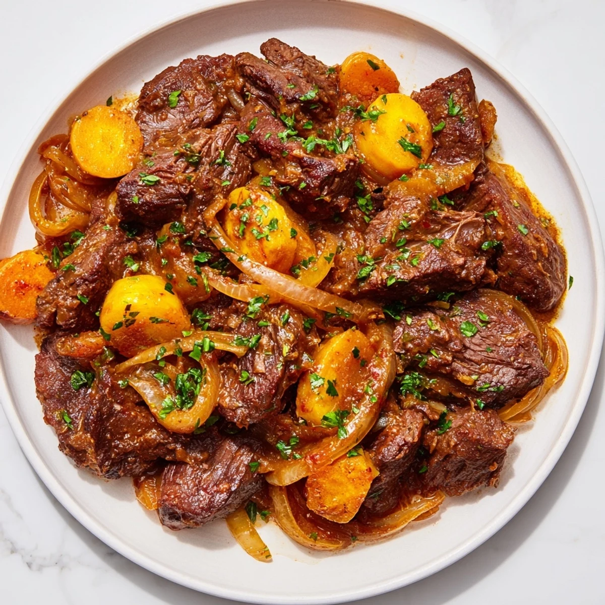 A close-up shot of fork-tender Braised Beef with Onions, carrots and onions visible.