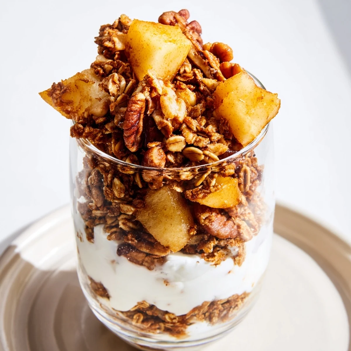 Gingerbread granola parfait, boasting layers of crunchy granola, creamy yogurt, and tender roasted apples.