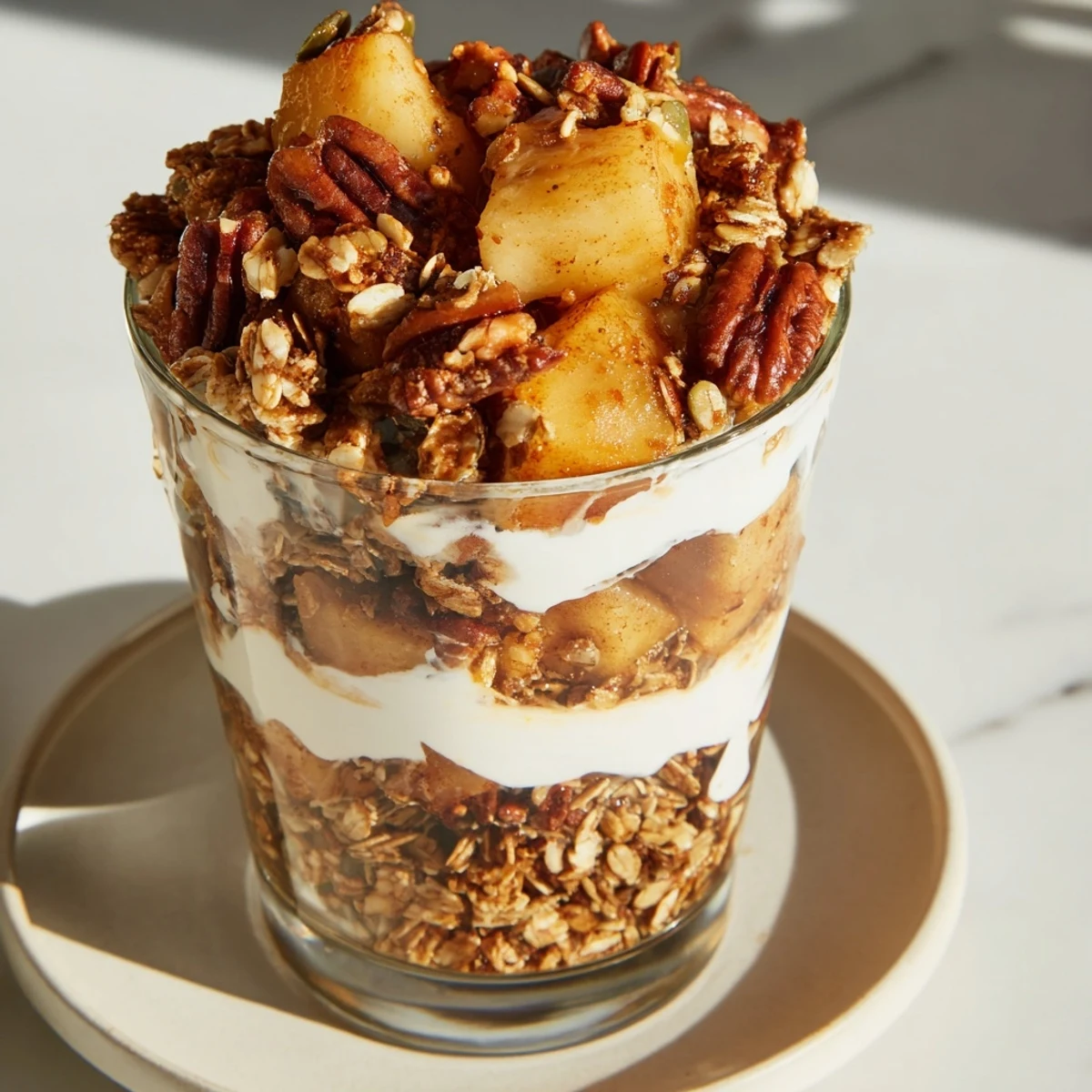 Golden gingerbread granola parfait, perfect to scoop with a spoon, offering the flavors of the season.
