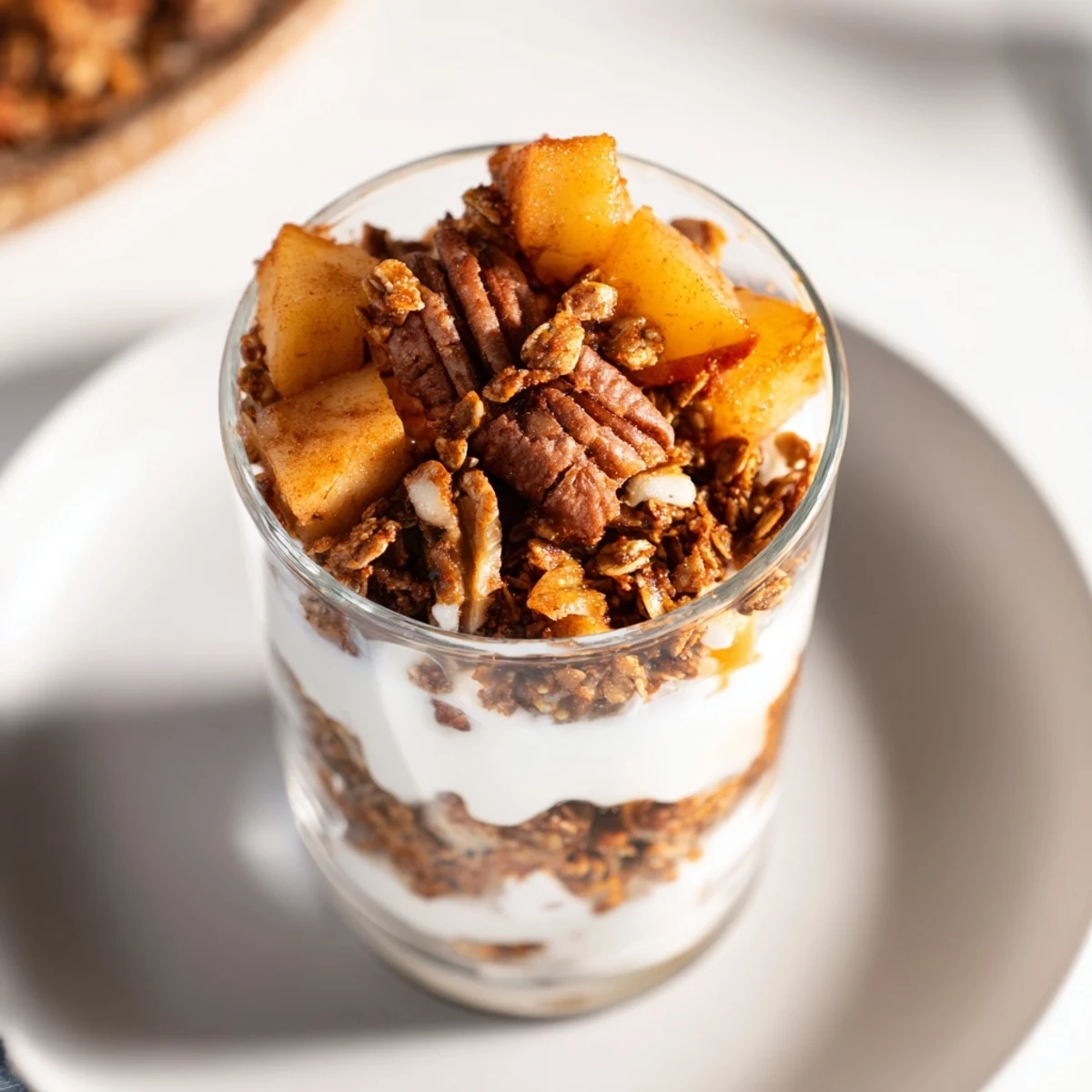 A close-up of a gingerbread granola parfait, displaying the delightful textures and holiday flavors for breakfast.