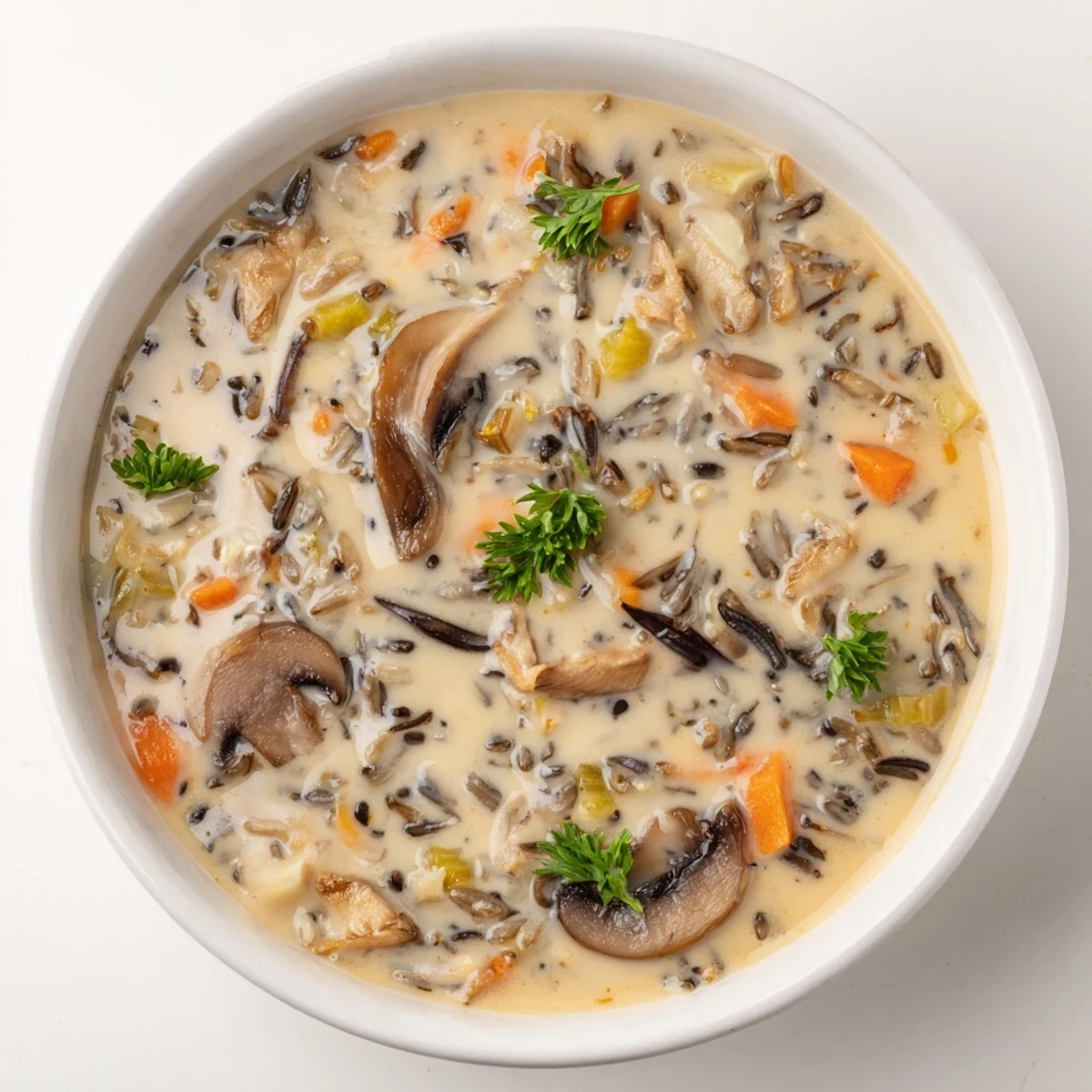 Steaming bowl of creamy mushroom and wild rice soup, a warm, comforting winter meal.