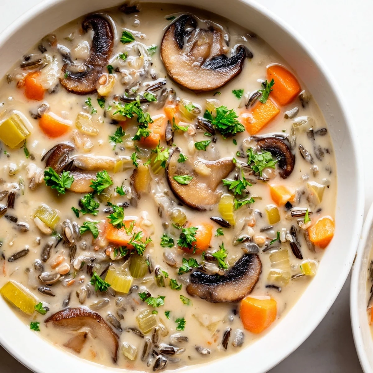 A close-up of the finished creamy mushroom and wild rice soup, garnished with fresh parsley.