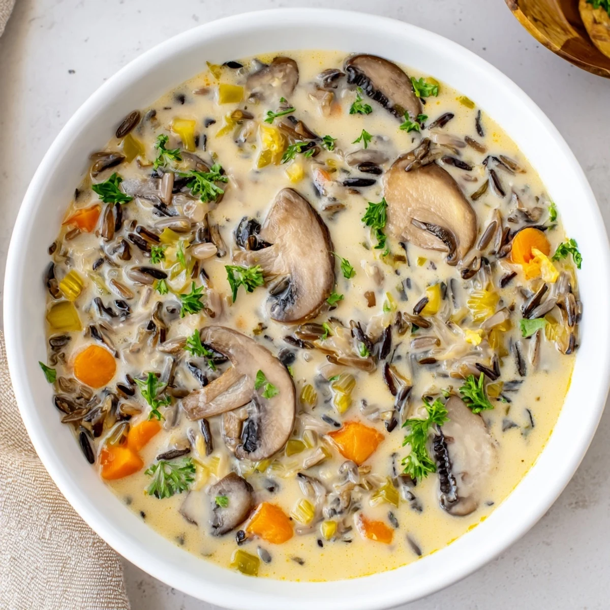 Scoop of creamy mushroom and wild rice soup with visible wild rice and tender mushrooms, ready to eat.