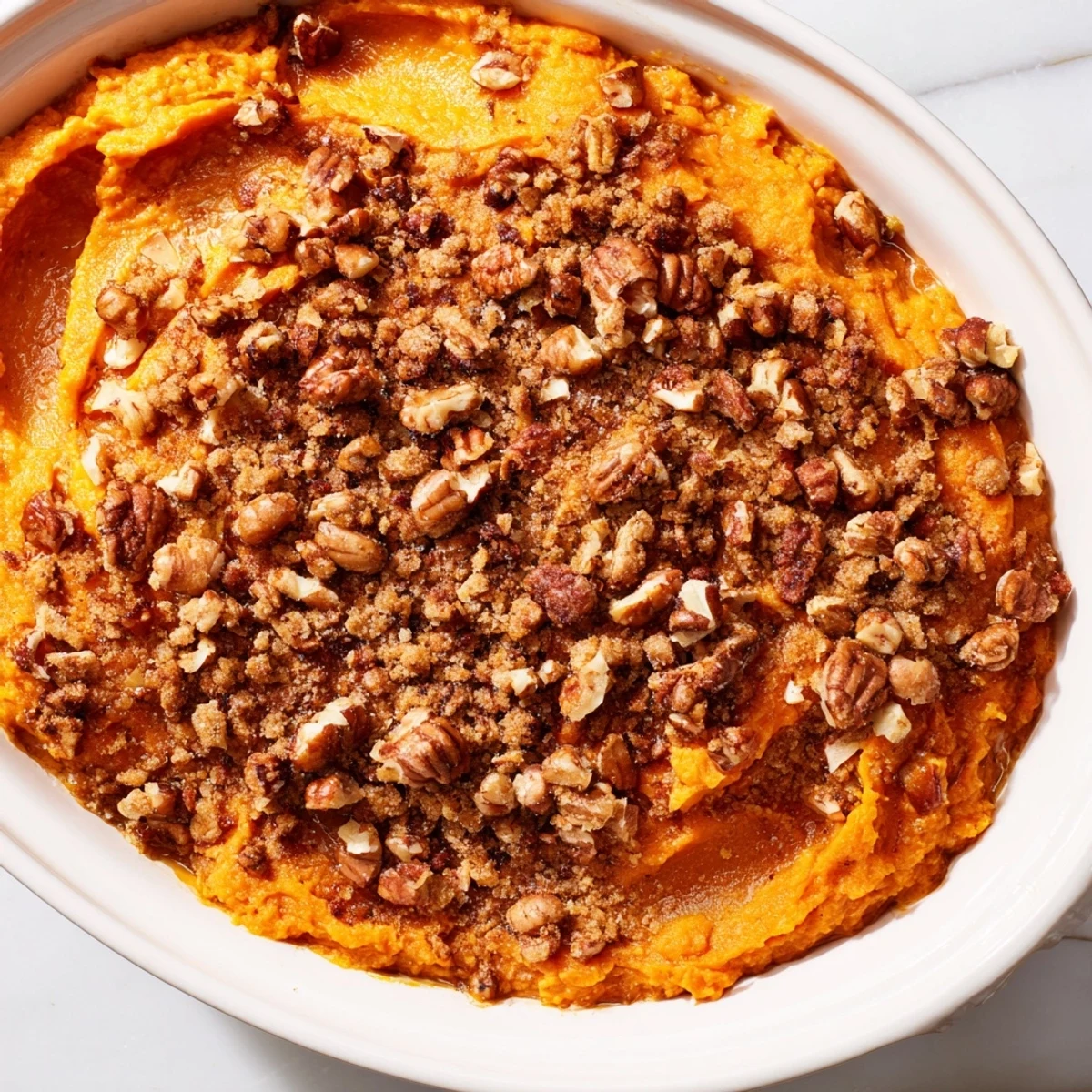 Golden brown and bubbling Spiced Sweet Potato Casserole, topped with crunchy pecans, ready now.