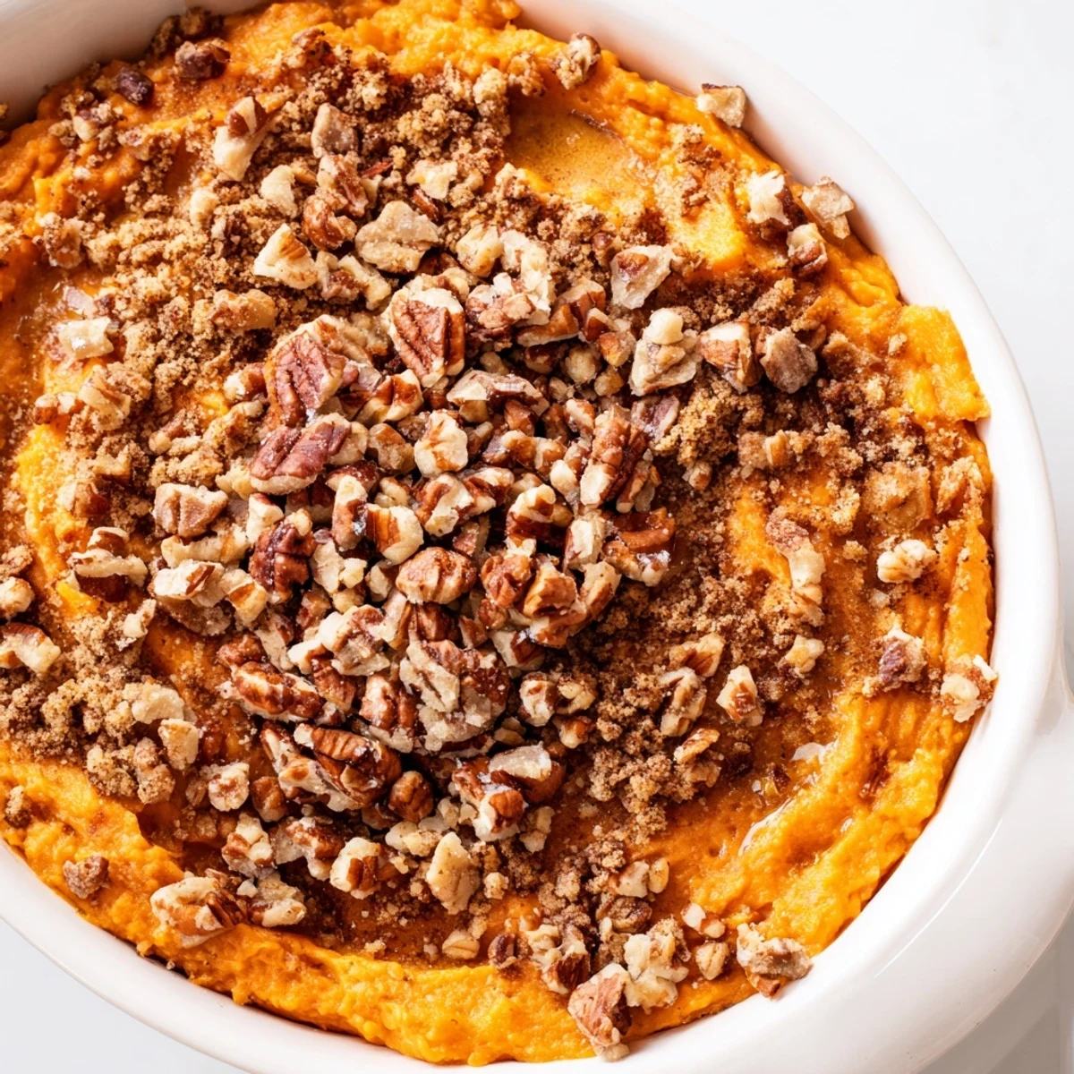 Warm, appetizing Spiced Sweet Potato Casserole with a glistening pecan topping, perfect for Thanksgiving.