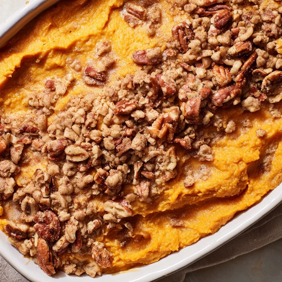 A comforting close-up of Spiced Sweet Potato Casserole, showcasing its creamy, spiced interior and pecan crust.