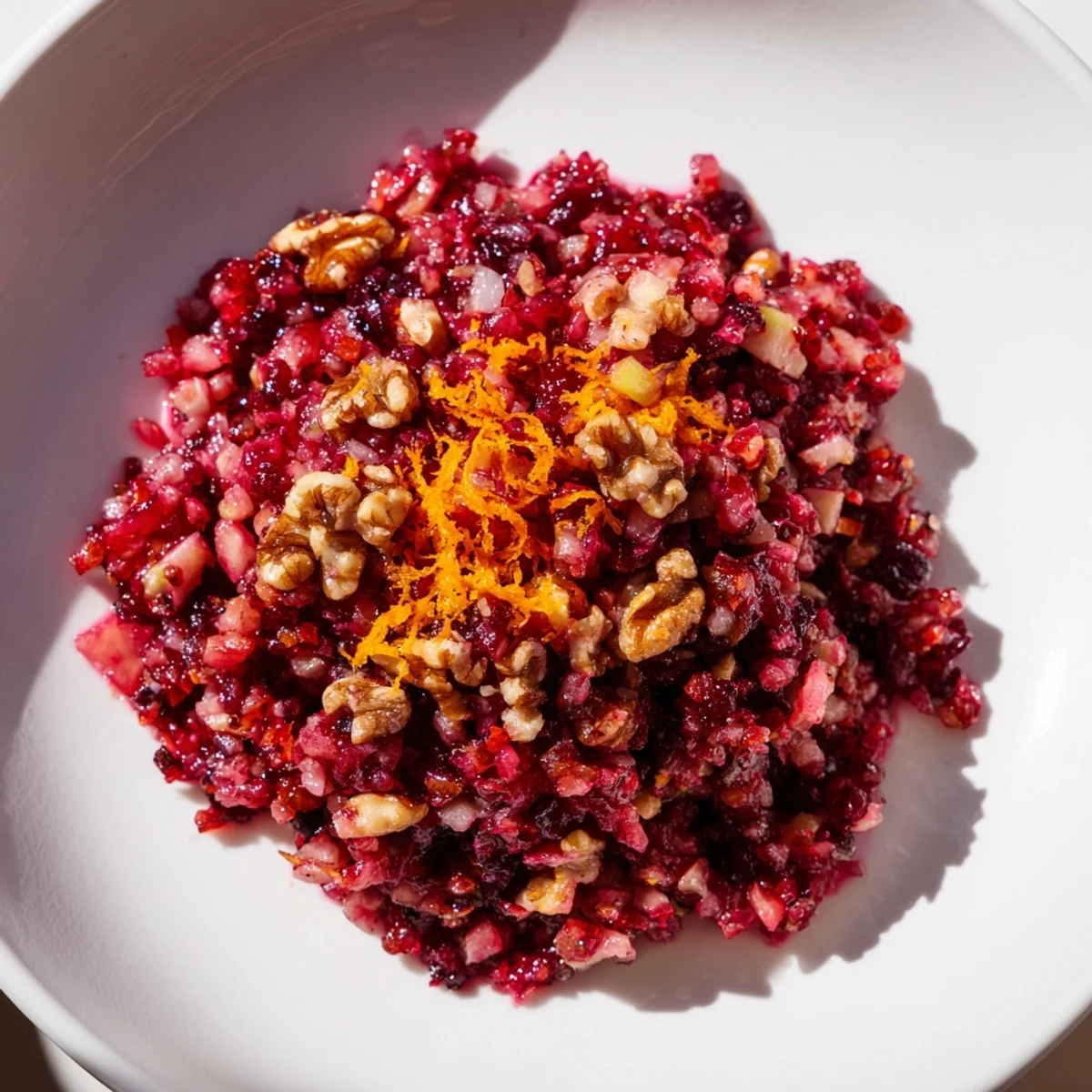 Close-up of fresh, vibrant Cranberry Walnut Relish, perfect alongside roasted turkey or pork dishes.